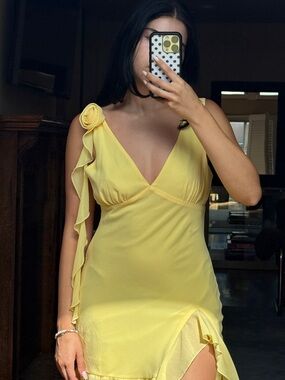 REVOLVE Yellow One-Shoulder Ruffle Midi Dress
